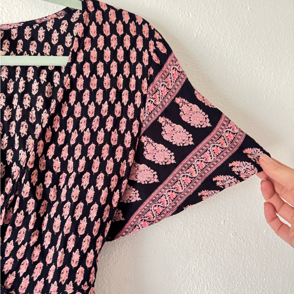 Anthropologie RAGA Faux Wrap Mini Dress Sz M Black Pink Mixed Print Ties Ruffle - Picture 6 of 14
